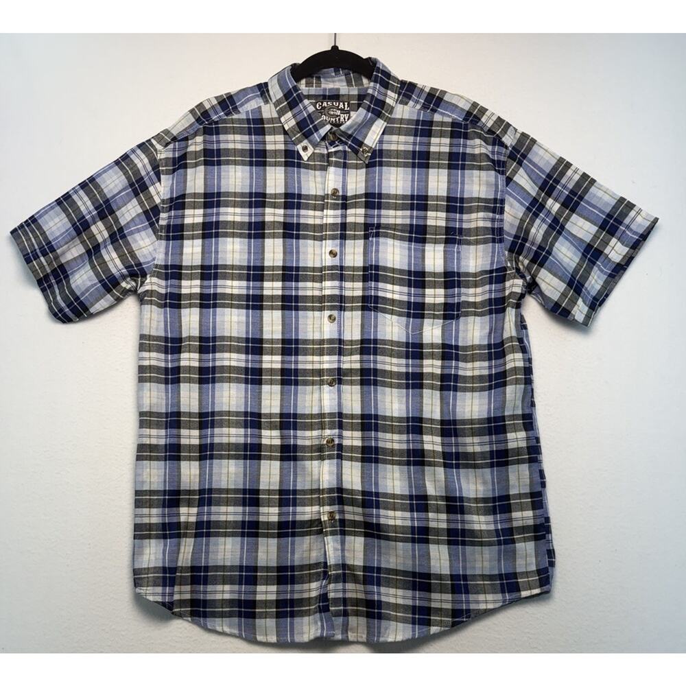 Casual Country Plaid Short Sleeve Button Up Shirt Men's L Blue Black Outdoor0
